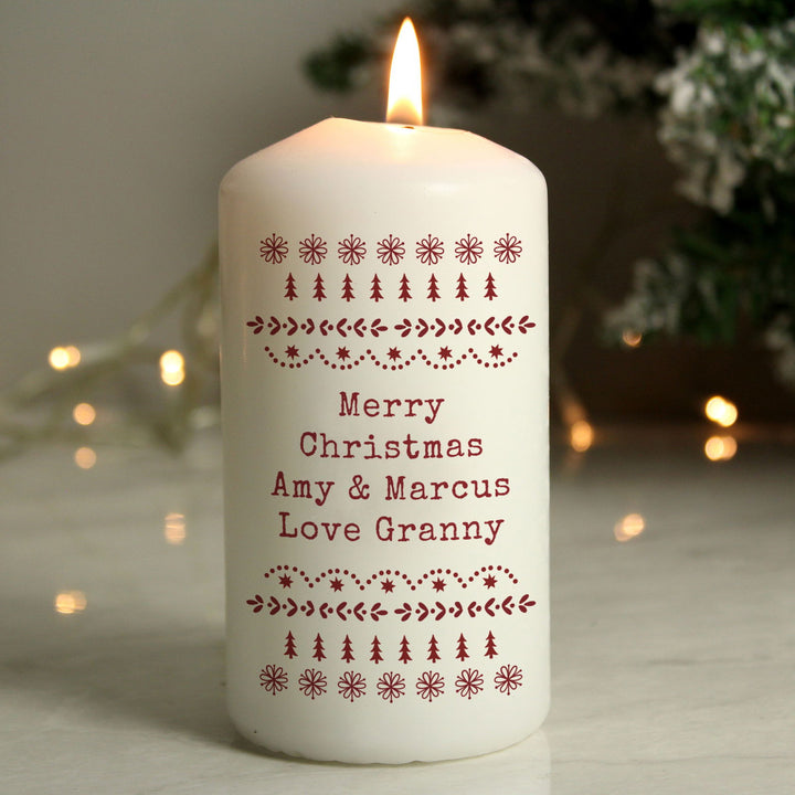 Personalised Christmas Fair Isle Pillar Candle available to buy at www.giftsfinder.co.uk