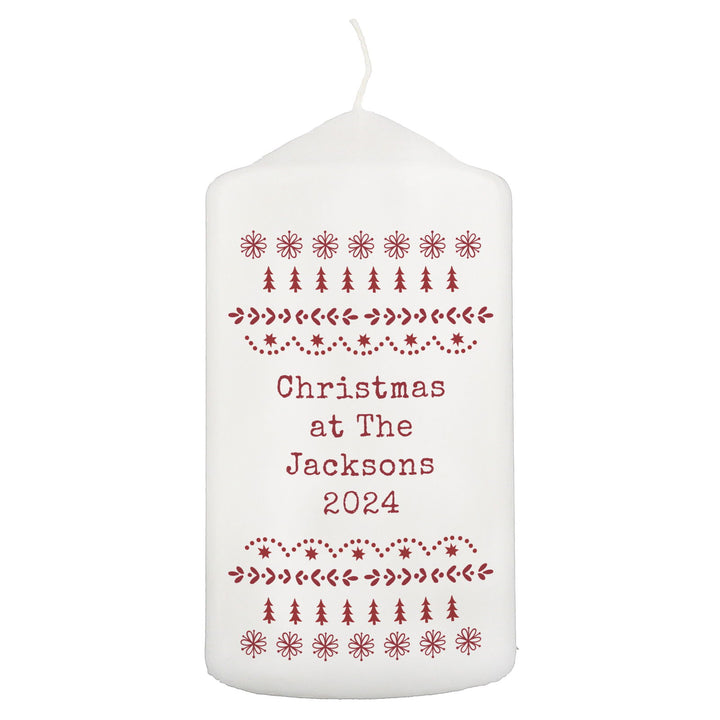 Personalised Christmas Fair Isle Pillar Candle available to buy at www.giftsfinder.co.uk