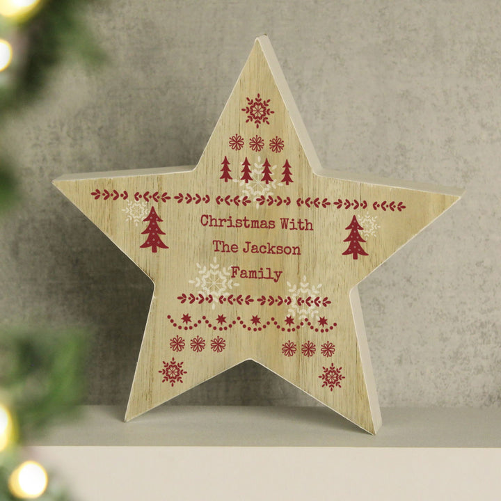 Personalised Christmas Fair Isle Wooden Star Ornament available to buy at www.giftsfinder.co.uk