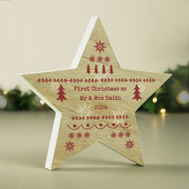 Personalised Christmas Fair Isle Wooden Star Ornament available to buy at www.giftsfinder.co.uk