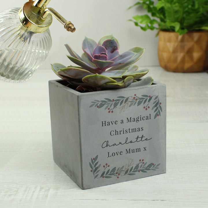 Personalised Christmas Foliage Concrete Planter available to buy at www.giftsfinder.co.uk