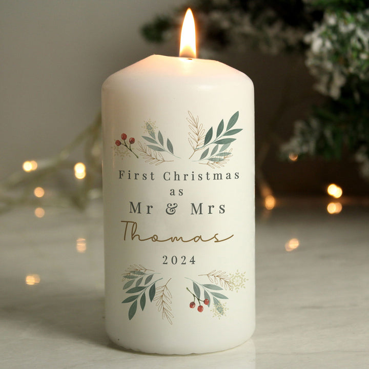 Personalised Christmas Foliage Pillar Candle available to buy at www.giftsfinder.co.uk