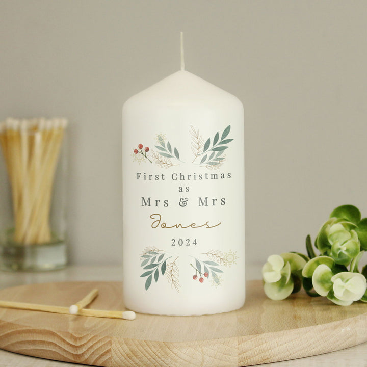 Personalised Christmas Foliage Pillar Candle available to buy at www.giftsfinder.co.uk