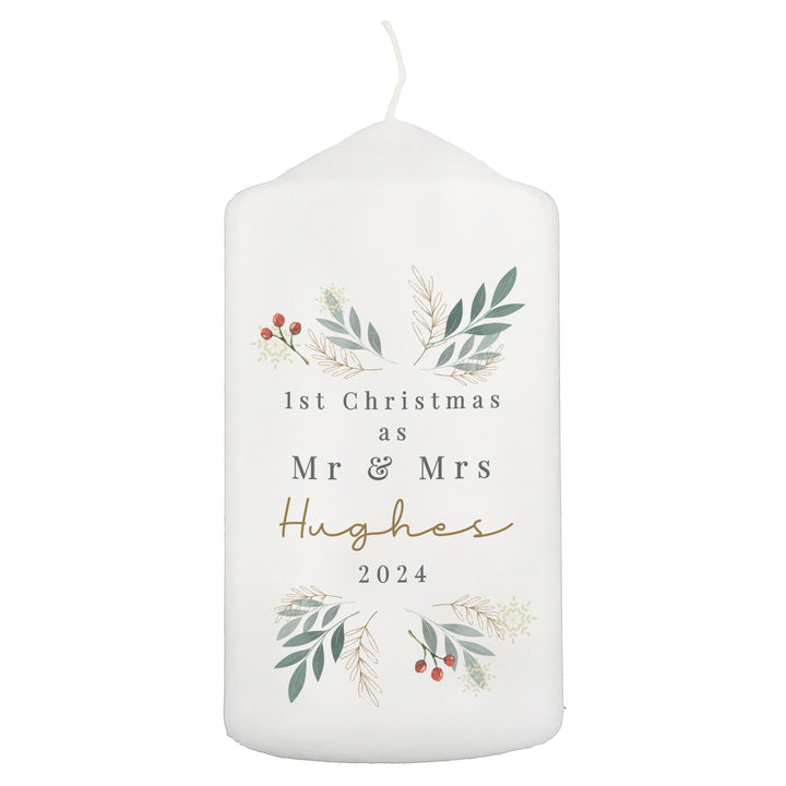 Personalised Christmas Foliage Pillar Candle available to buy at www.giftsfinder.co.uk