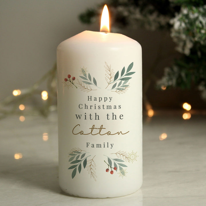 Personalised Christmas Foliage Pillar Candle available to buy at www.giftsfinder.co.uk