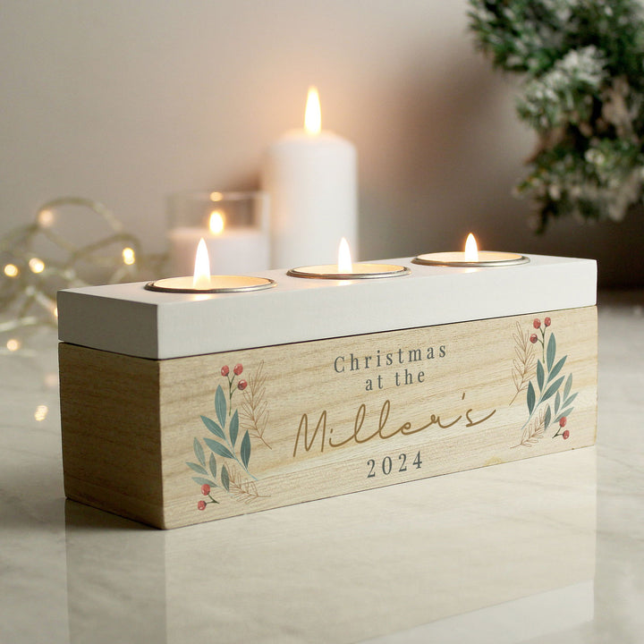 Personalised Christmas Foliage Triple Tea Light Box available to buy at www.giftsfinder.co.uk