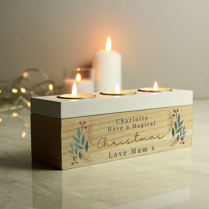 Personalised Christmas Foliage Triple Tea Light Box available to buy at www.giftsfinder.co.uk