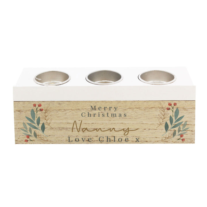 Personalised Christmas Foliage Triple Tea Light Box available to buy at www.giftsfinder.co.uk