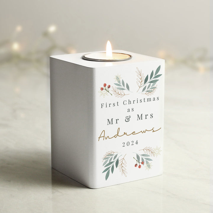 Personalised Christmas Foliage White Tealight Holder available to buy at www.giftsfinder.co.uk