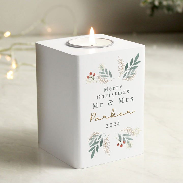 Personalised Christmas Foliage White Tealight Holder available to buy at www.giftsfinder.co.uk