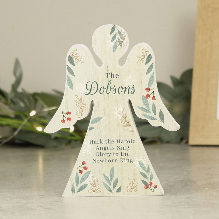 Personalised Christmas Foliage Wooden Angel Ornament available to buy at www.giftsfinder.co.uk