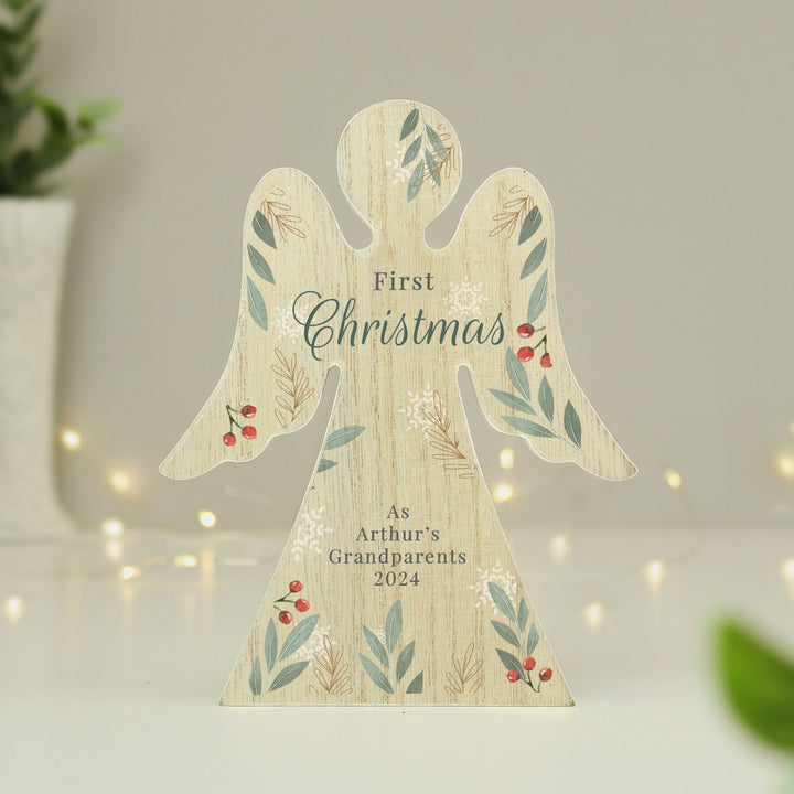 Personalised Christmas Foliage Wooden Angel Ornament available to buy at www.giftsfinder.co.uk