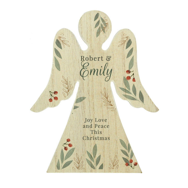 Personalised Christmas Foliage Wooden Angel Ornament available to buy at www.giftsfinder.co.uk