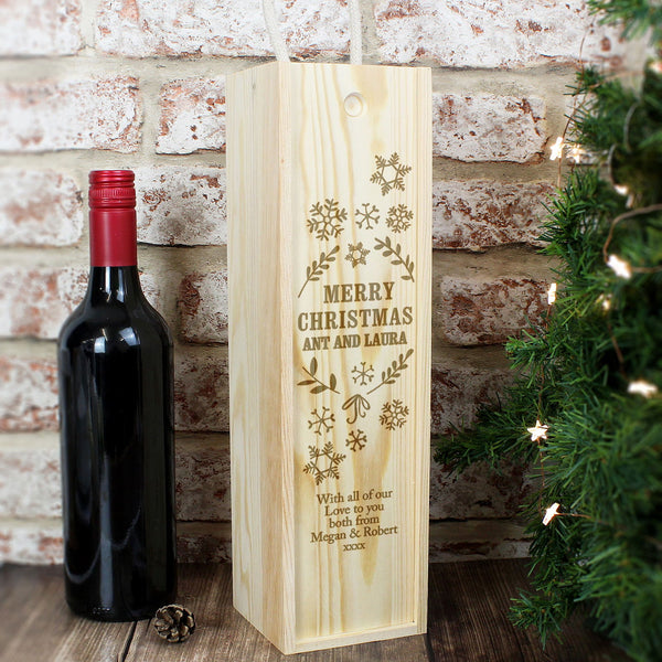 Personalised Christmas Frost Wooden Wine Bottle Box available to buy at www.giftsfinder.co.uk