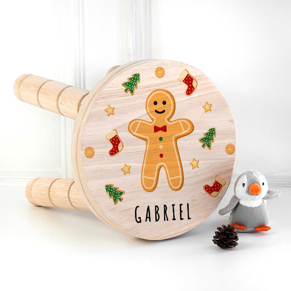 Personalised Christmas Gingerbread Wooden Stool available to buy at www.giftsfinder.co.uk