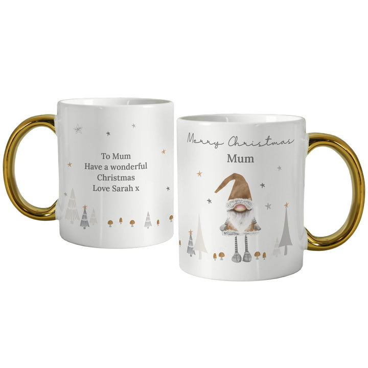 Personalised Christmas Gonk Gold Handed Mug available to buy at www.giftsfinder.co.uk