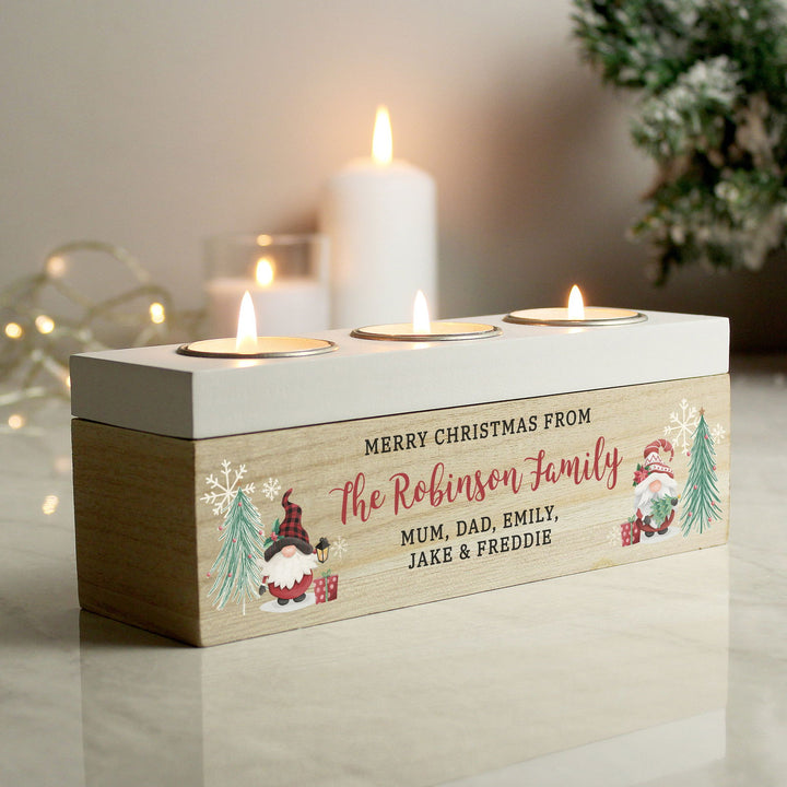 Personalised Christmas Gonk Triple Tea Light Box available to buy at www.giftsfinder.co.uk