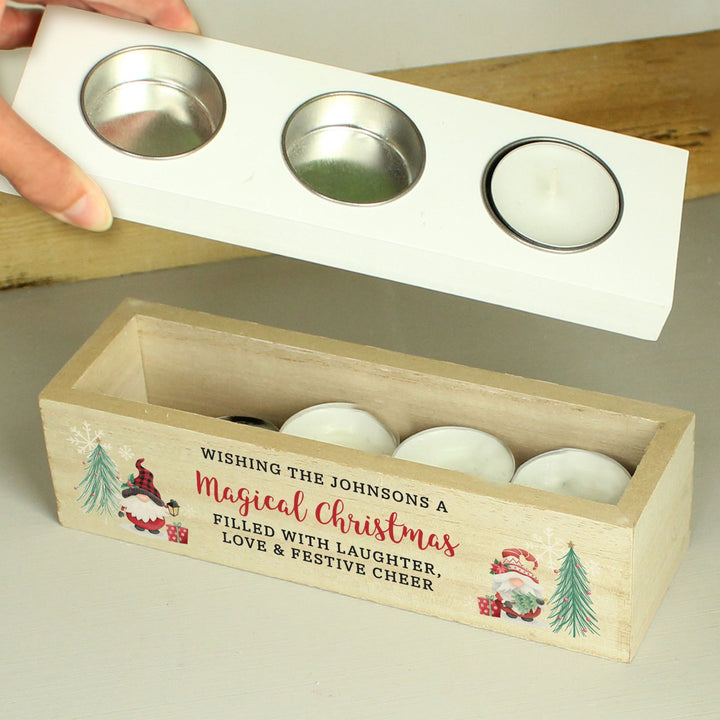 Personalised Christmas Gonk Triple Tea Light Box available to buy at www.giftsfinder.co.uk