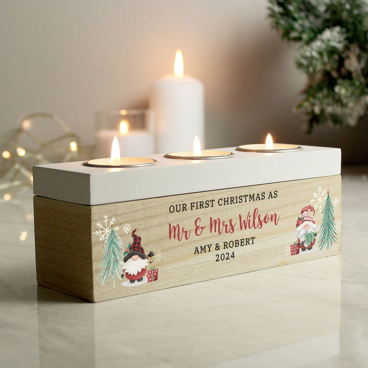 Personalised Christmas Gonk Triple Tea Light Box available to buy at www.giftsfinder.co.uk