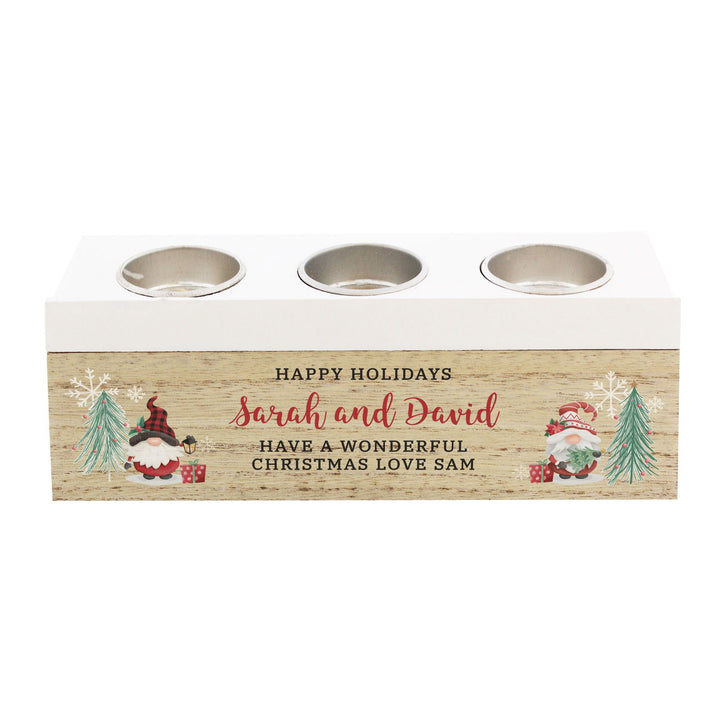 Personalised Christmas Gonk Triple Tea Light Box available to buy at www.giftsfinder.co.uk