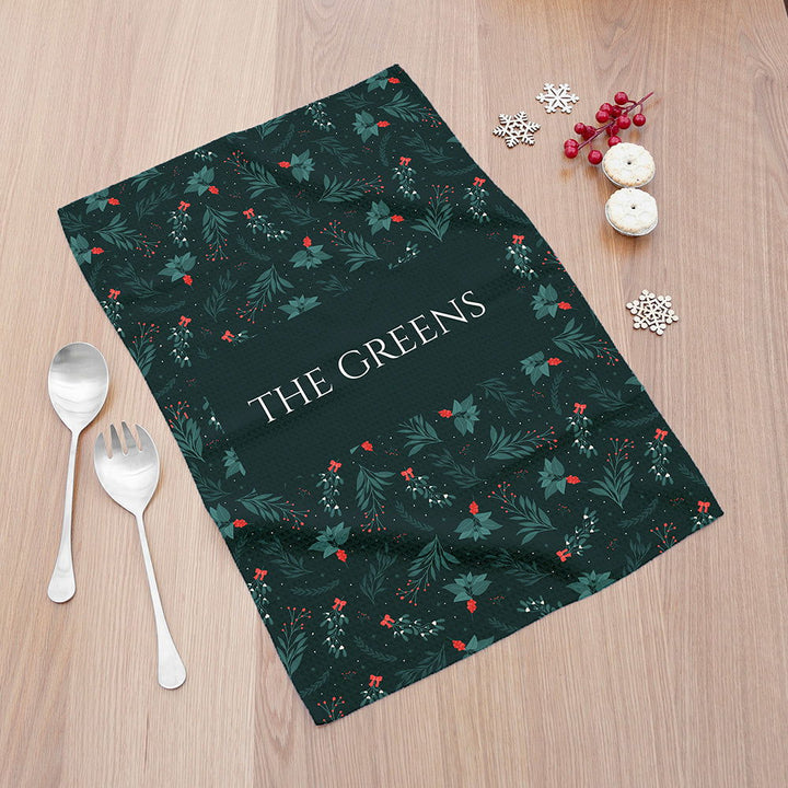 Personalised Christmas Holly Wallpaper Tea Towel available to buy at www.giftsfinder.co.uk