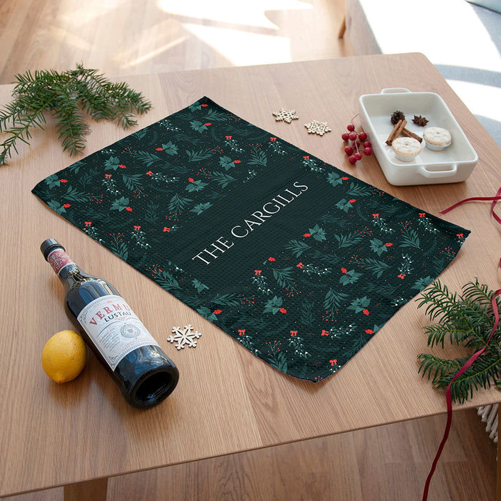 Personalised Christmas Holly Wallpaper Tea Towel available to buy at www.giftsfinder.co.uk