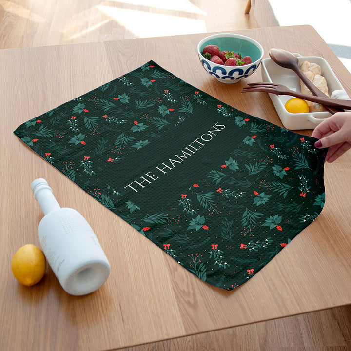 Personalised Christmas Holly Wallpaper Tea Towel available to buy at www.giftsfinder.co.uk