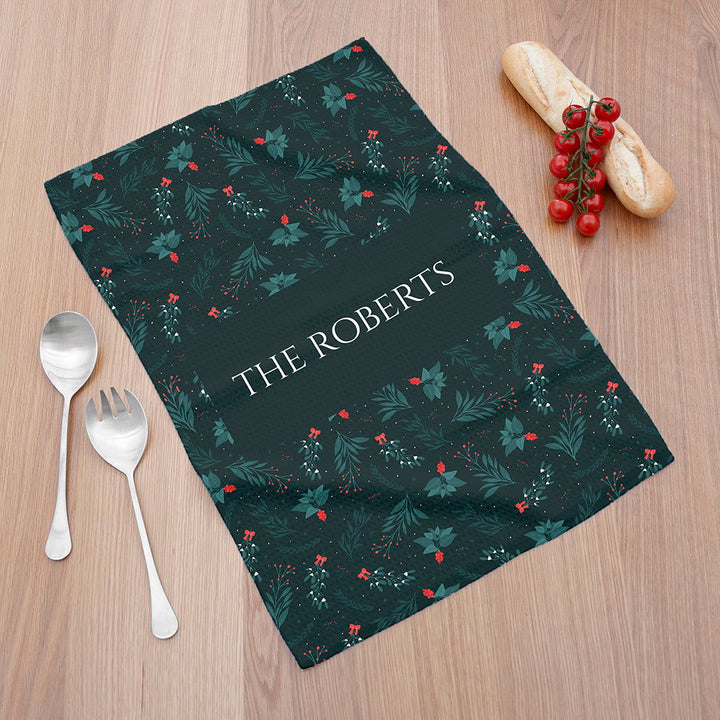 Personalised Christmas Holly Wallpaper Tea Towel available to buy at www.giftsfinder.co.uk