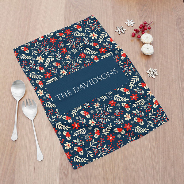 Personalised Christmas Navy Floral Wallpaper Tea Towel available to buy at www.giftsfinder.co.uk