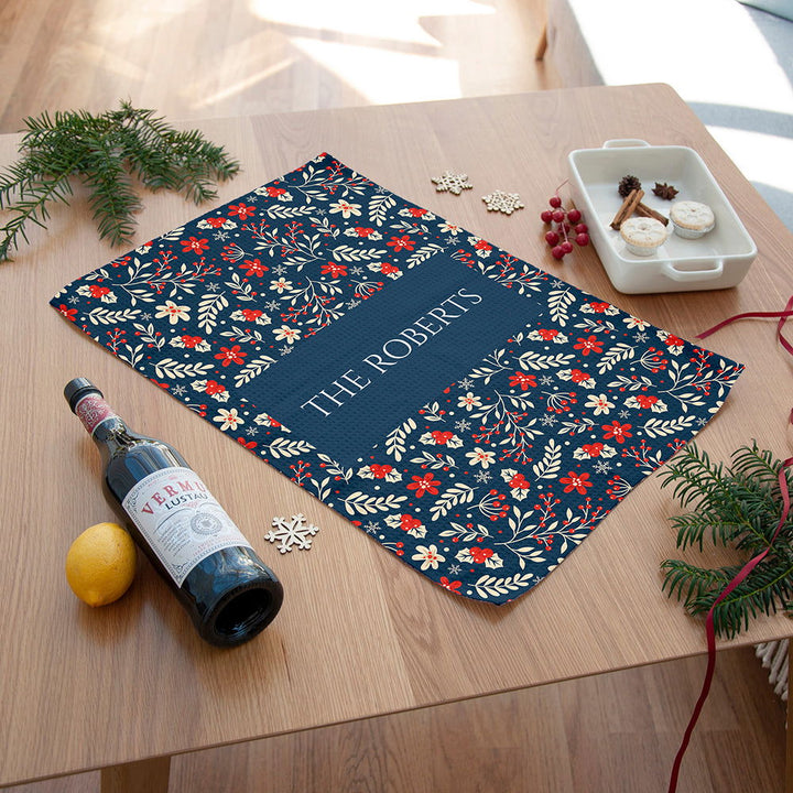 Personalised Christmas Navy Floral Wallpaper Tea Towel available to buy at www.giftsfinder.co.uk