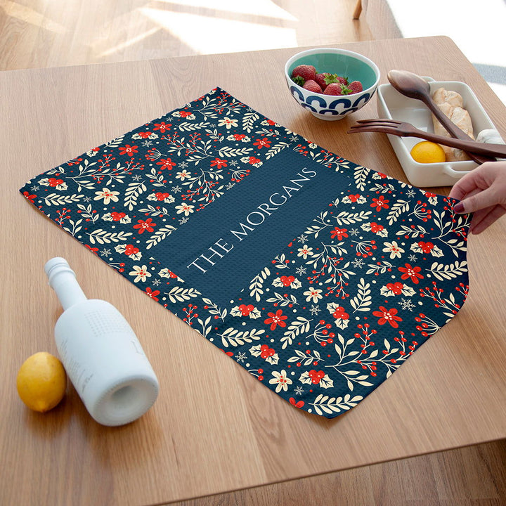 Personalised Christmas Navy Floral Wallpaper Tea Towel available to buy at www.giftsfinder.co.uk