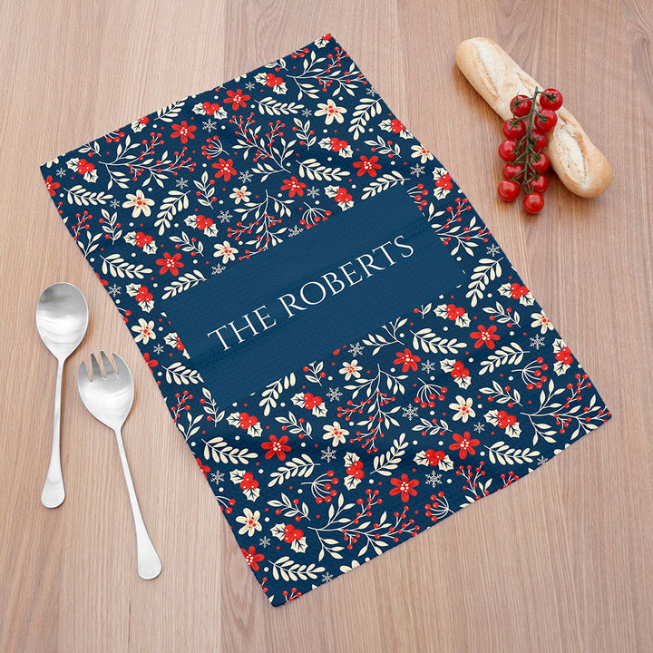 Personalised Christmas Navy Floral Wallpaper Tea Towel available to buy at www.giftsfinder.co.uk