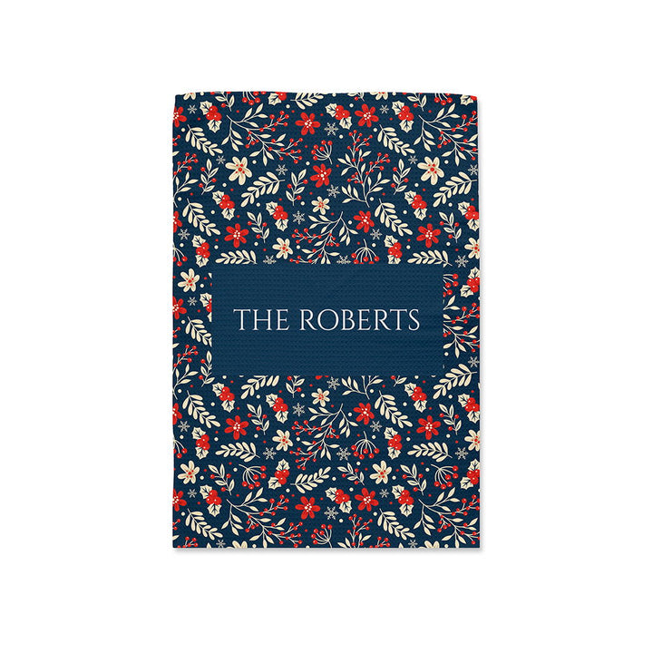 Personalised Christmas Navy Floral Wallpaper Tea Towel available to buy at www.giftsfinder.co.uk