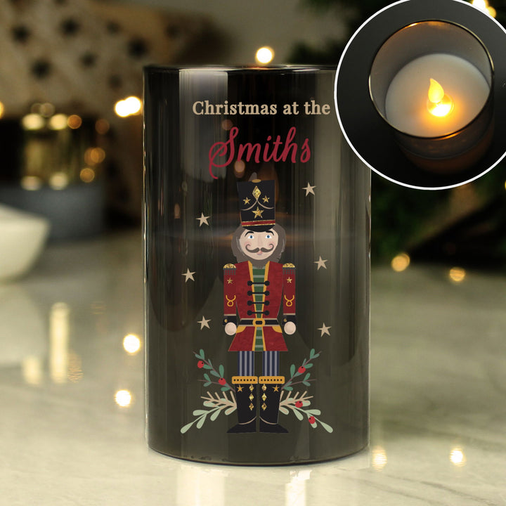 Personalised Christmas Nutcracker Smoked Led Candle available to buy at www.giftsfinder.co.uk