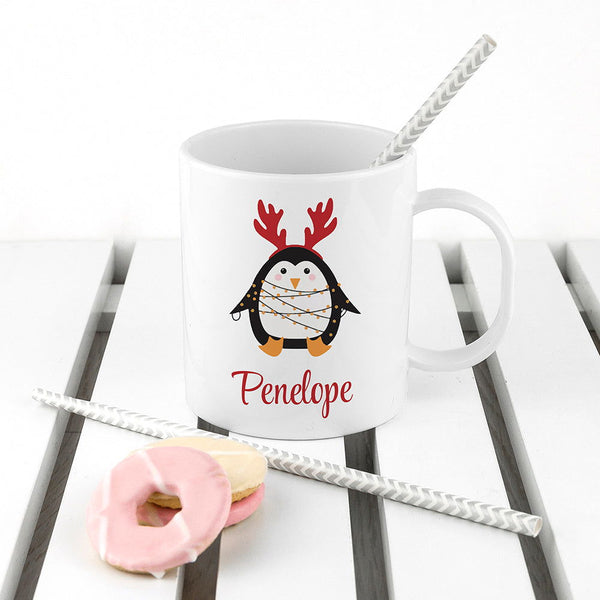 Personalised Christmas Penguin Kids Polymer Mug available to buy at www.giftsfinder.co.uk