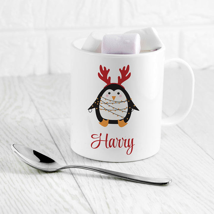 Personalised Christmas Penguin Kids Polymer Mug available to buy at www.giftsfinder.co.uk