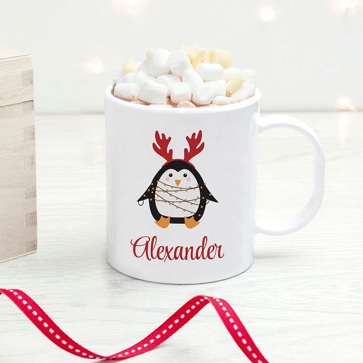 Personalised Christmas Penguin Kids Polymer Mug available to buy at www.giftsfinder.co.uk