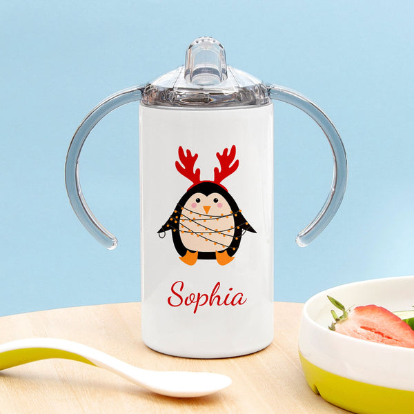 Personalised Christmas Penguin Kids Sippy Cup available to buy at www.giftsfinder.co.uk