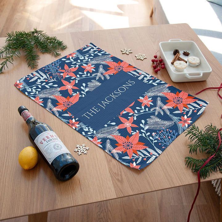 Personalised Christmas Red Floral Wallpaper Tea Towel available to buy at www.giftsfinder.co.uk