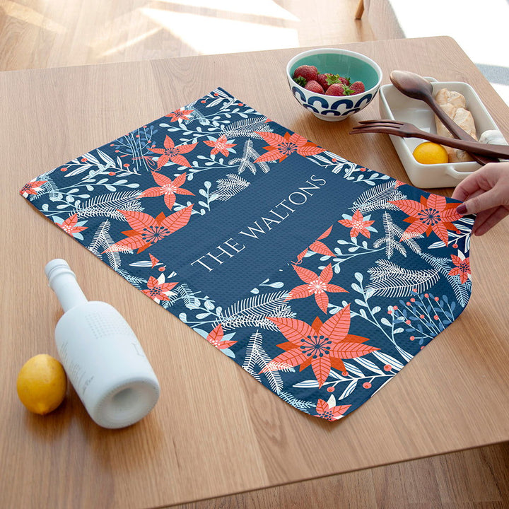 Personalised Christmas Red Floral Wallpaper Tea Towel available to buy at www.giftsfinder.co.uk