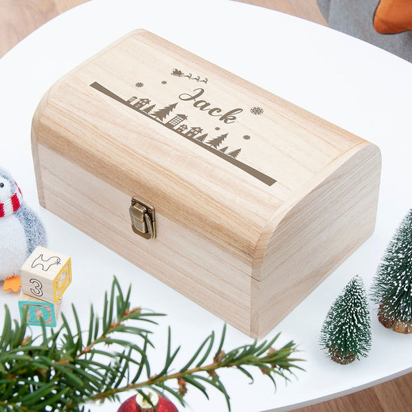 Personalised Christmas Scene Keepsake Chest available to buy at www.giftsfinder.co.uk