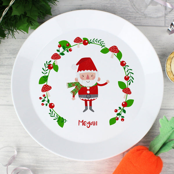 Personalised Christmas Toadstool Santa Plastic Plate available to buy at www.giftsfinder.co.uk