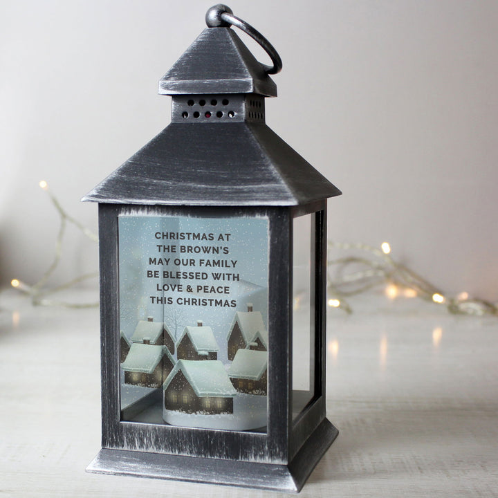 Personalised Christmas Town Black Lantern available to buy at www.giftsfinder.co.uk