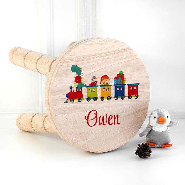 Personalised Christmas Train Wooden Stool available to buy at www.giftsfinder.co.uk