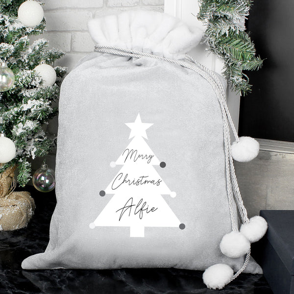 Personalised Christmas Tree Luxury Silver Grey Pom Pom Sack available to buy at www.giftsfinder.co.uk