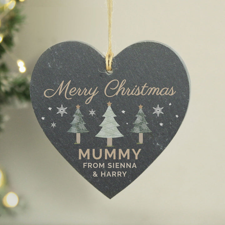 Personalised Christmas Tree Slate Heart Ornament available to buy at www.giftsfinder.co.uk