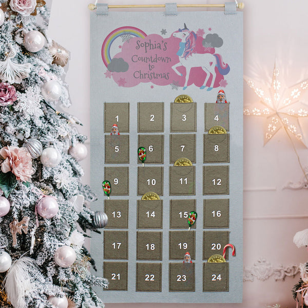 Personalised Christmas Unicorn Advent Calendar In Silver Grey available to buy at www.giftsfinder.co.uk