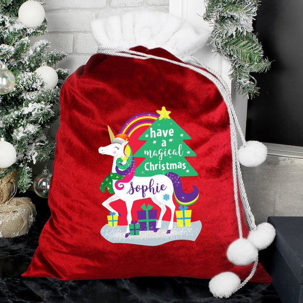 Personalised Christmas Unicorn Luxury Pom Pom Red Sack available to buy at www.giftsfinder.co.uk