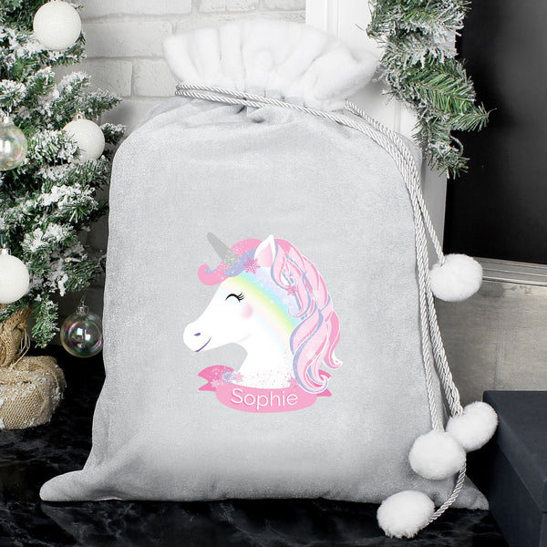 Personalised Christmas Unicorn Luxury Silver Grey Pom Pom Sack available to buy at www.giftsfinder.co.uk