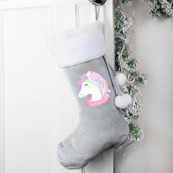 Personalised Christmas Unicorn Luxury Silver Grey Stocking available to buy at www.giftsfinder.co.uk